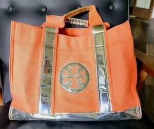Tory Burch Ella Tote Bag in Orange Canvas and Silver Big Logo Beach Bag